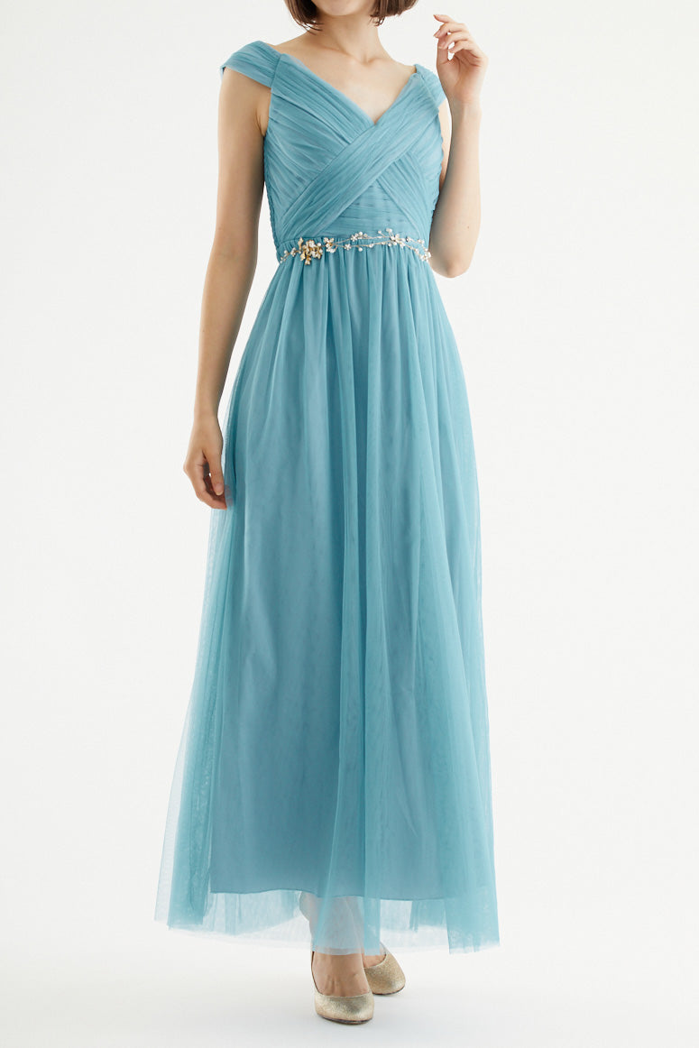 クロスショルダーロングドレスグリーン（ビジューベルト付き）