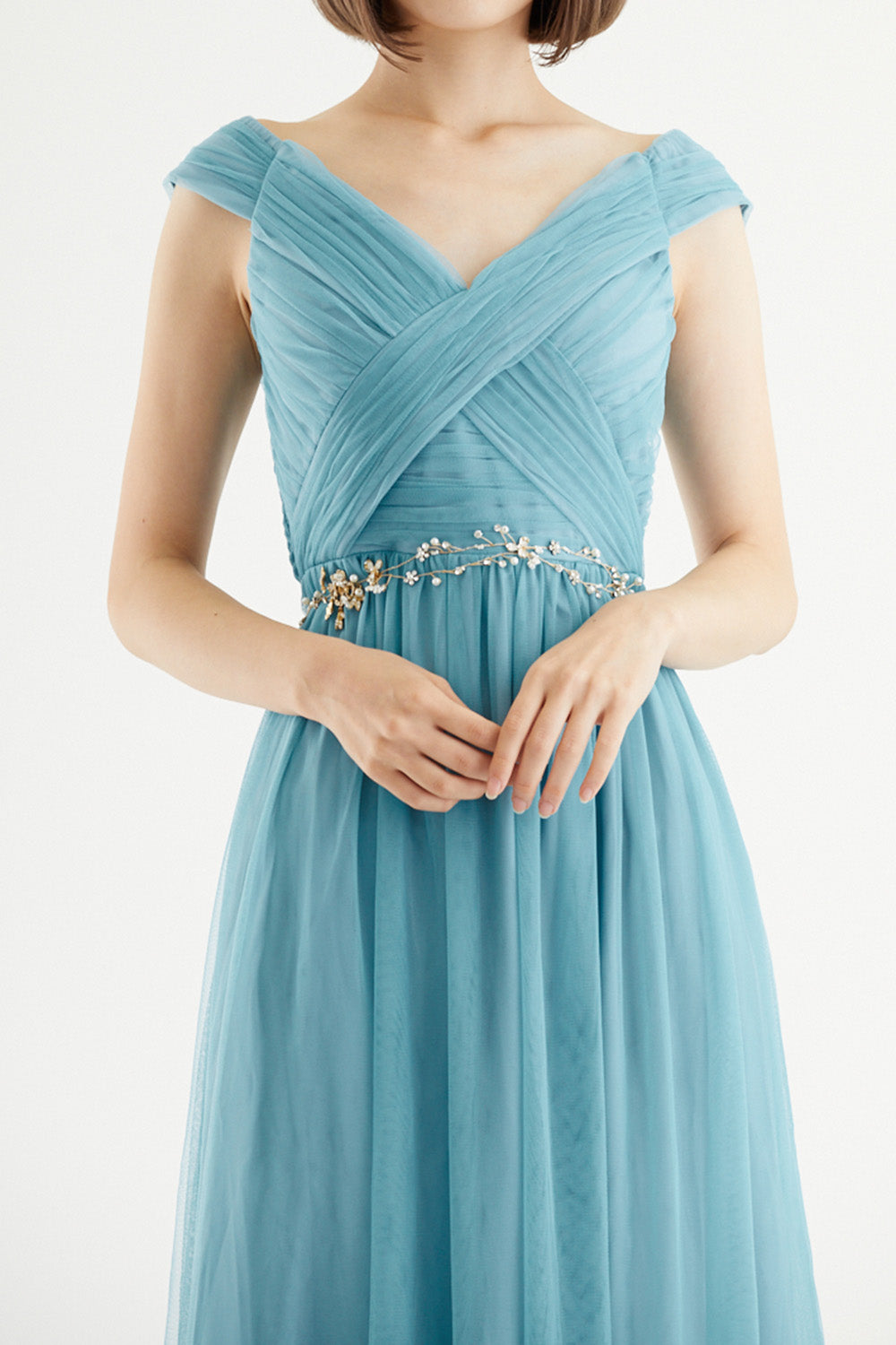 【ご試着送付】クロスショルダーロングドレスグリーン・丈詰めタイプ