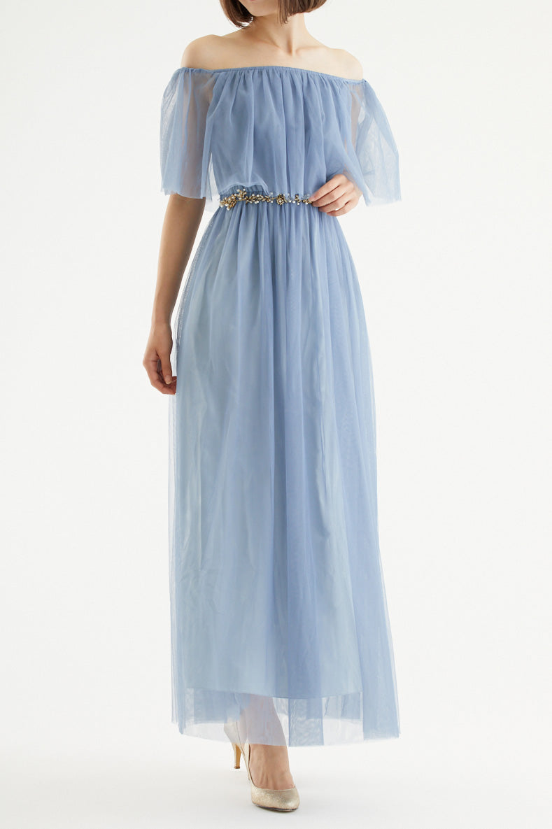 【ご試着送付】チュールオフショルダーロングドレスブルーグレー
