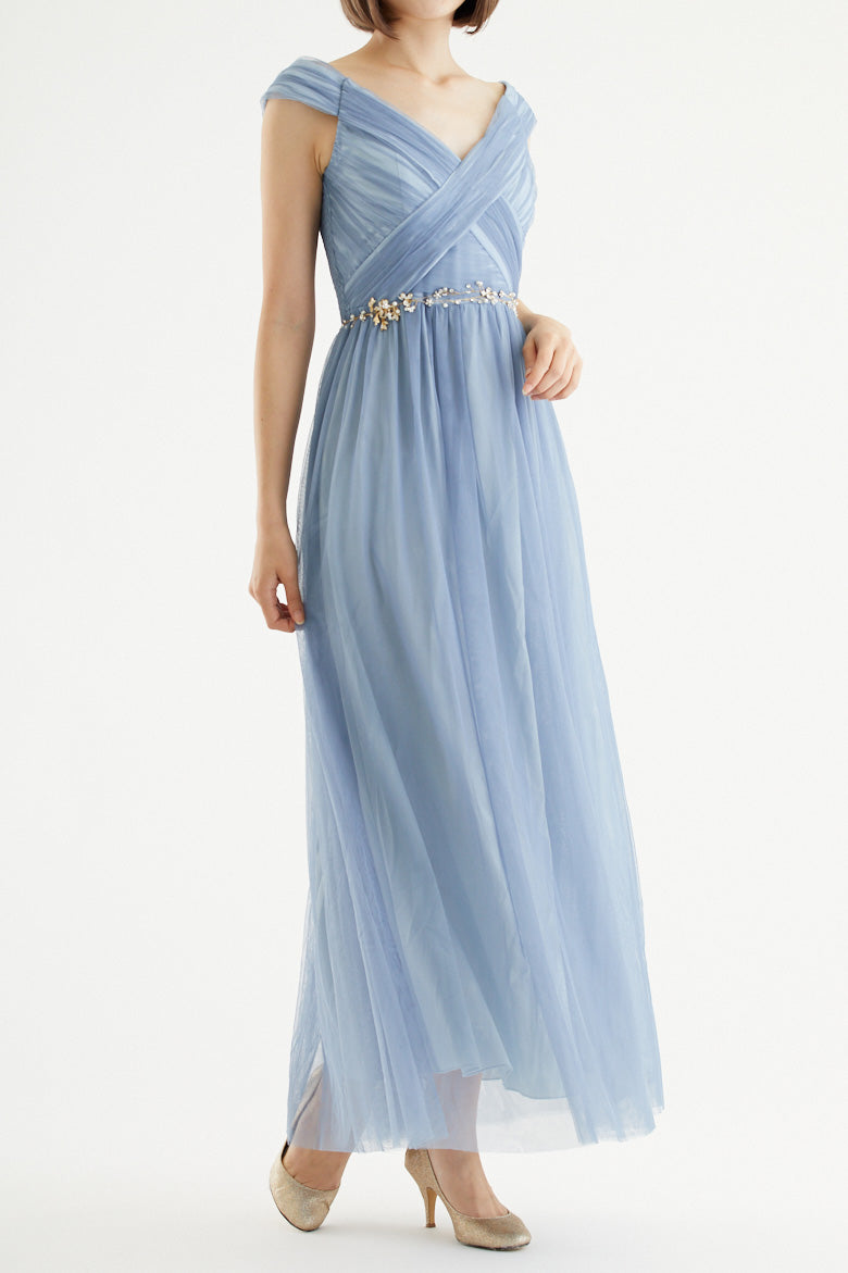 クロスショルダーロングドレスブルーグレー（ビジューベルト付き）・丈詰めタイプ