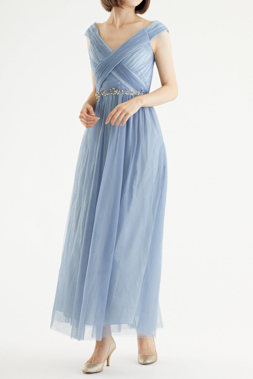 クロスショルダーロングドレスブルーグレー（ビジューベルト付き）・丈詰めタイプ