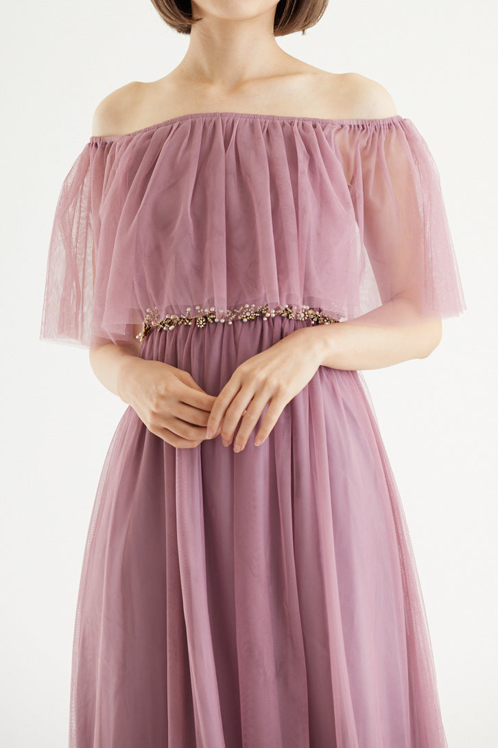 【ご試着送付】チュールオフショルダーロングドレスローズピンク