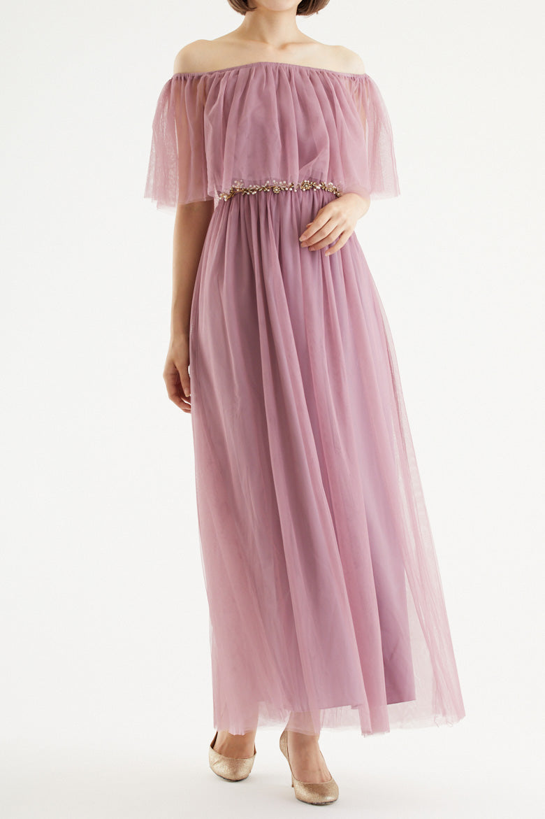 【ご試着送付】チュールオフショルダーロングドレスローズピンク