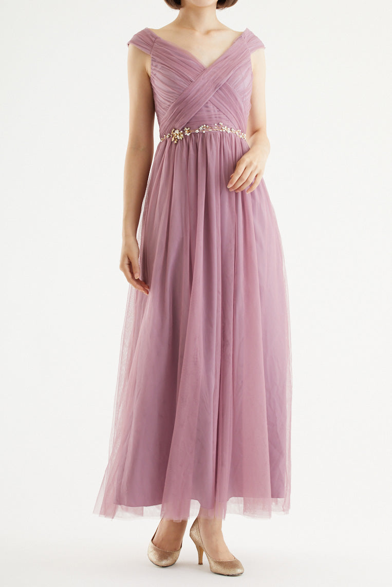 クロスショルダーロングドレスローズピンク(ビジューベルト付き)