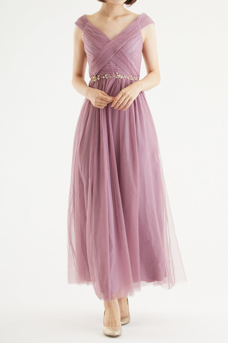 クロスショルダーロングドレスローズピンク(ビジューベルト付き)・丈詰めタイプ