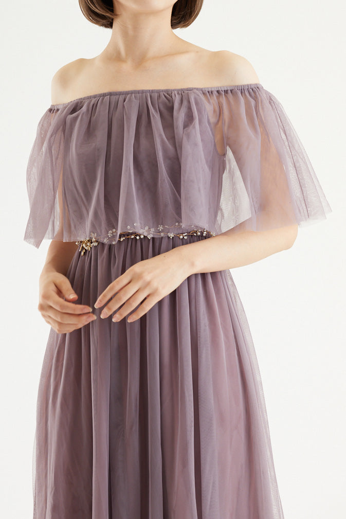 【ご試着送付】チュールオフショルダーロングドレスモーヴ