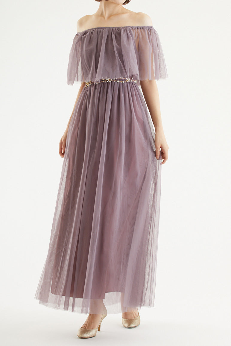 【ご試着送付】チュールオフショルダーロングドレスモーヴ