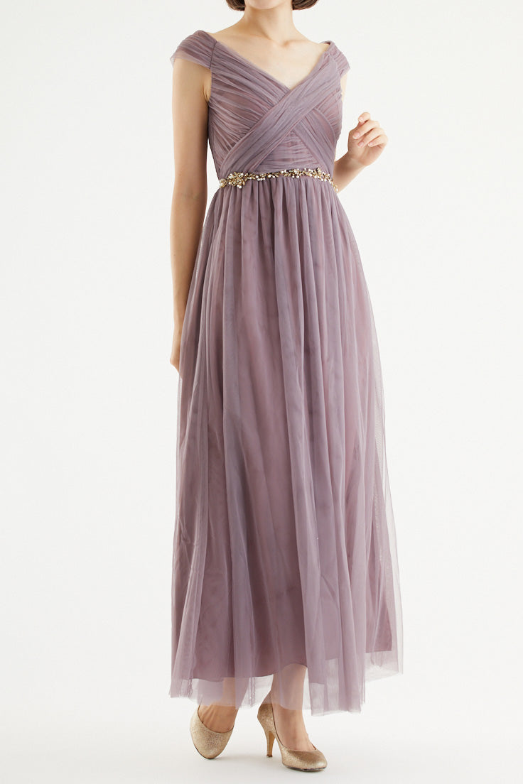 クロスショルダーロングドレスモーヴ(ビジューベルト付き)・丈詰めタイプ