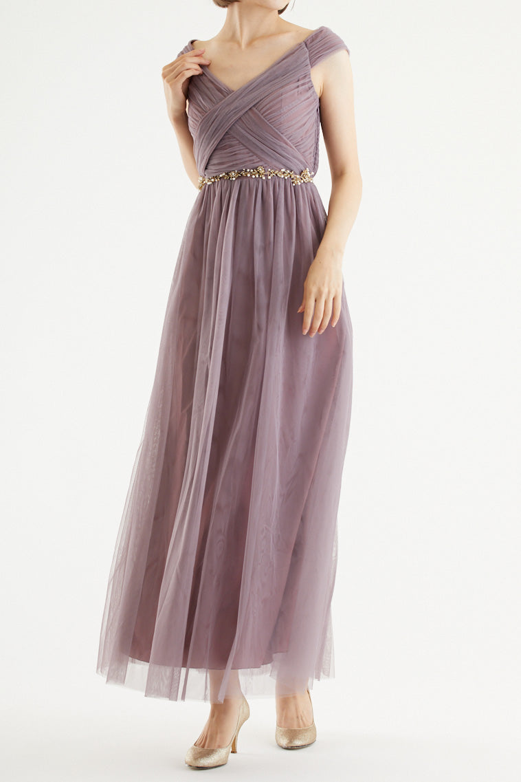 クロスショルダーロングドレスモーヴ(ビジューベルト付き)