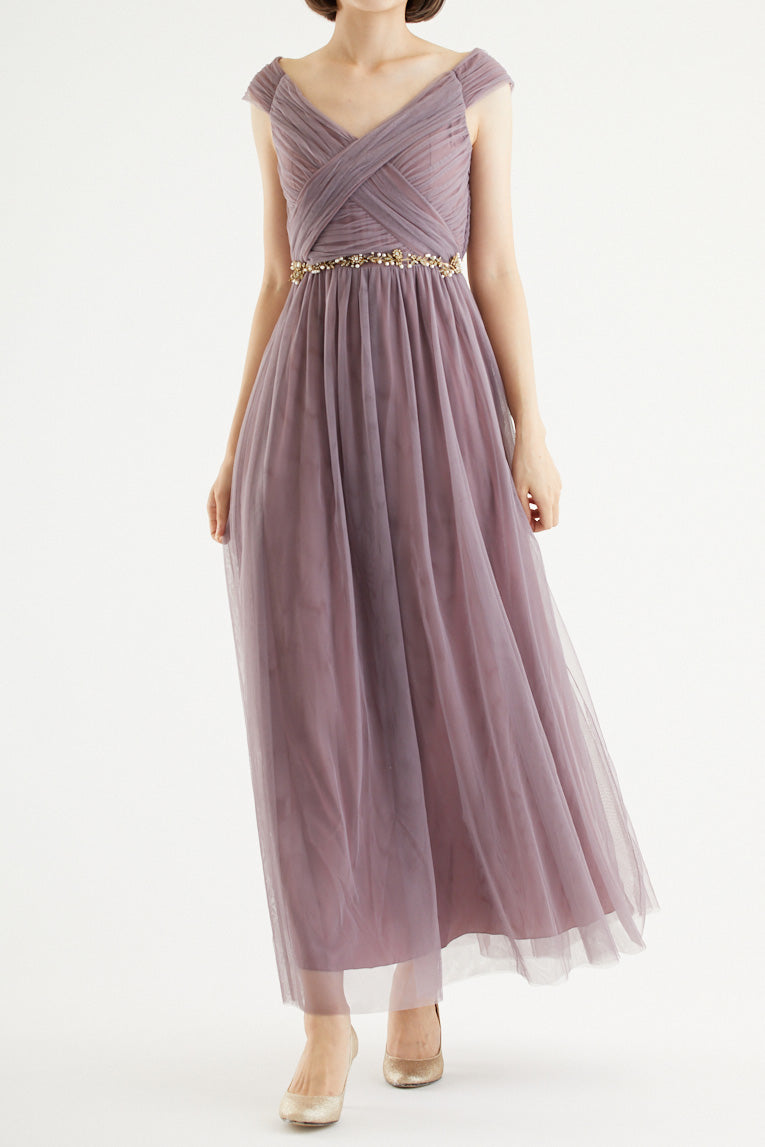 【ご試着送付】クロスショルダーロングドレスモーヴ・丈詰めタイプ