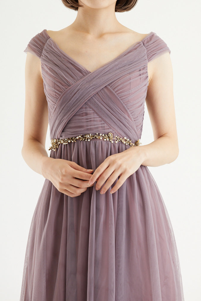 【ご試着送付】クロスショルダーロングドレスモーヴ・丈詰めタイプ