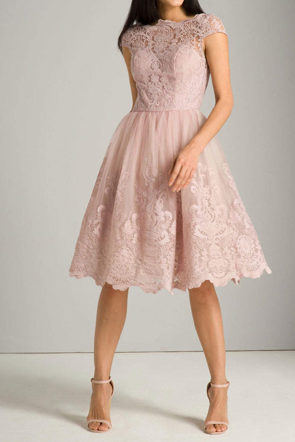 ボートネックレース・キャップスリーブドレス・ピンク・Sサイズ