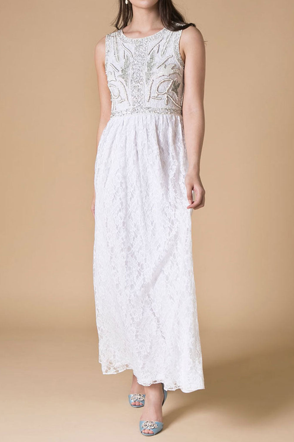 ビジューノースリーブ・ロングドレス・ホワイト・Mサイズ