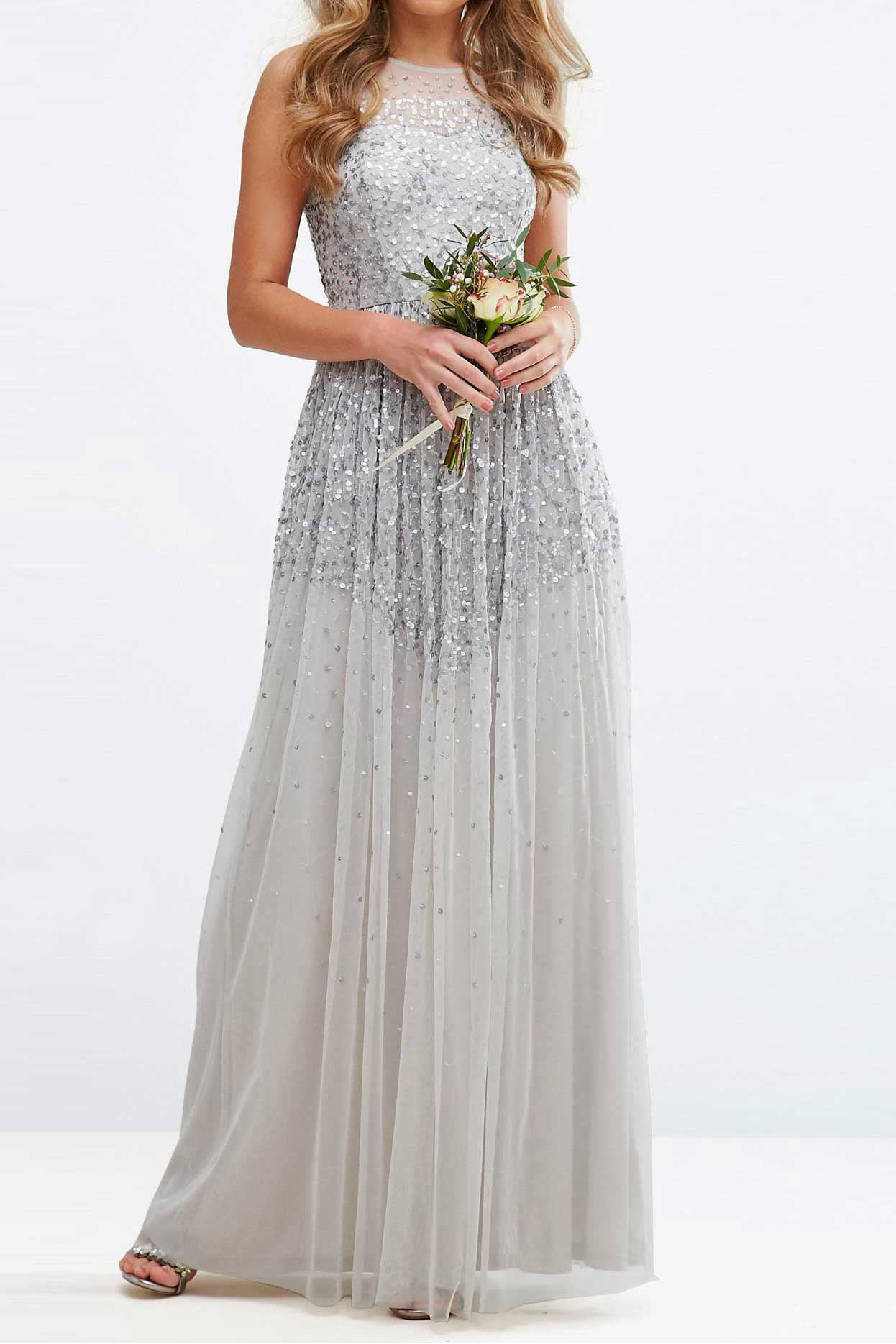 イリュージョンネックスパンコールロングドレスシルバーSサイズ