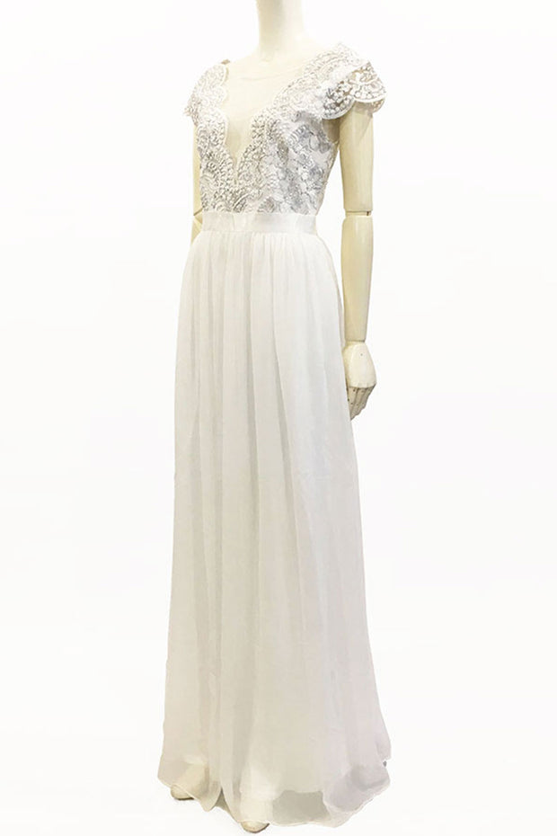 メタリックフローラルロングドレス・ホワイト・Sサイズ