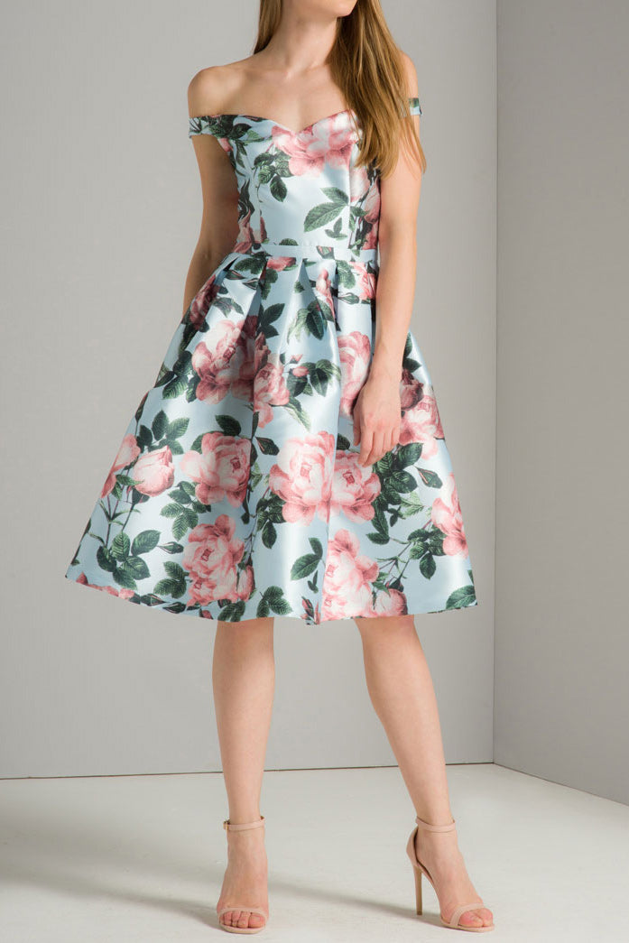 フローラルプリントミディドレスライトブルーSサイズ