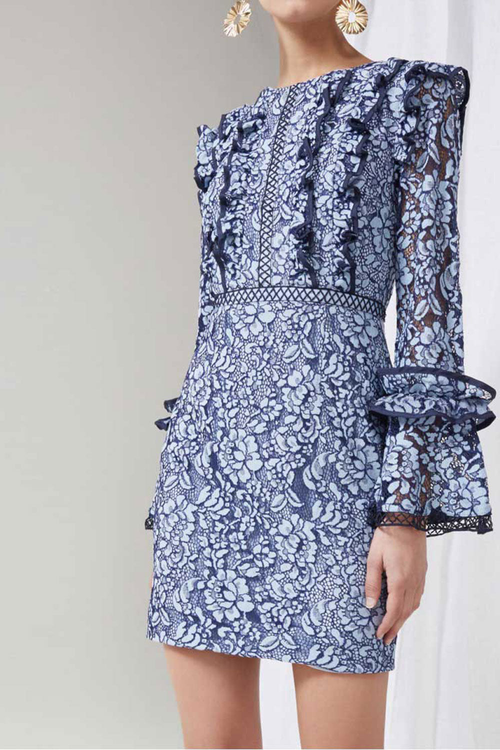 フレアロングスリーブレースショートドレス・ブルー・Sサイズ