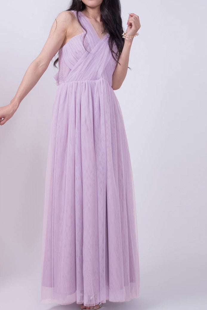 コンバーチブルロングドレス・チュールライラック・フリーサイズ（ビジューベルト付き）