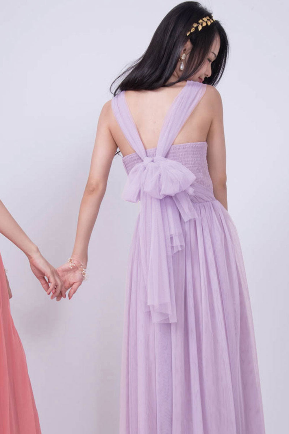 コンバーチブルロングドレス・チュールライラック・フリーサイズ（ビジューベルト付き）