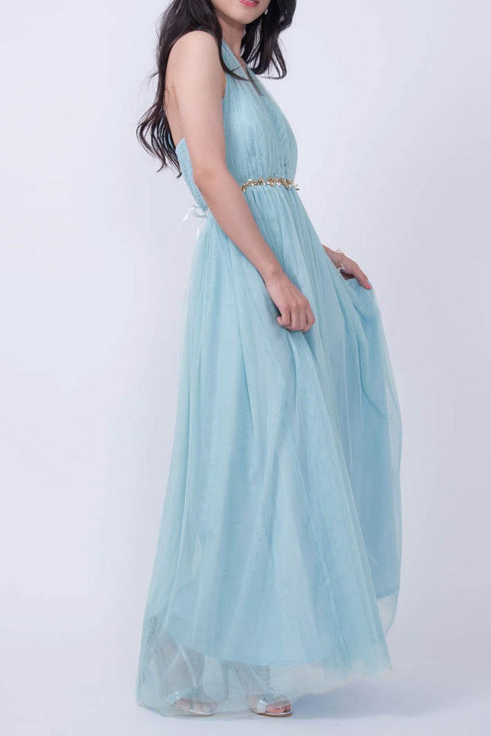 コンバーチブルロングドレス・チュールパウダーブルー・フリーサイズ（ビジューベルト付き）