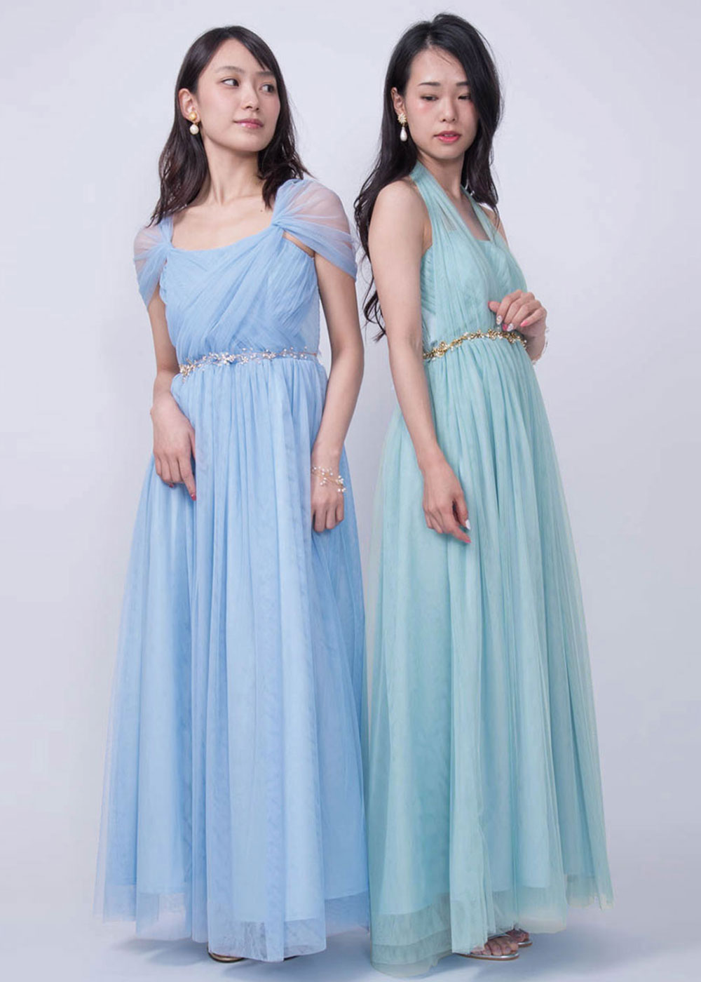 コンバーチブルロングドレス・チュールパウダーブルー・フリーサイズ（ビジューベルト付き）