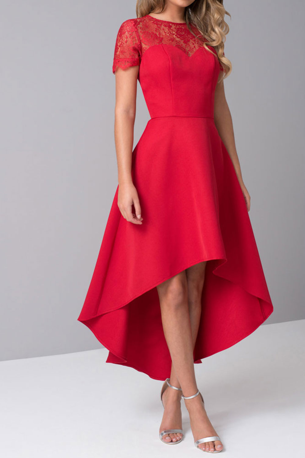 レースハーフスリーブヘムラインドレス・レッド・Mサイズ