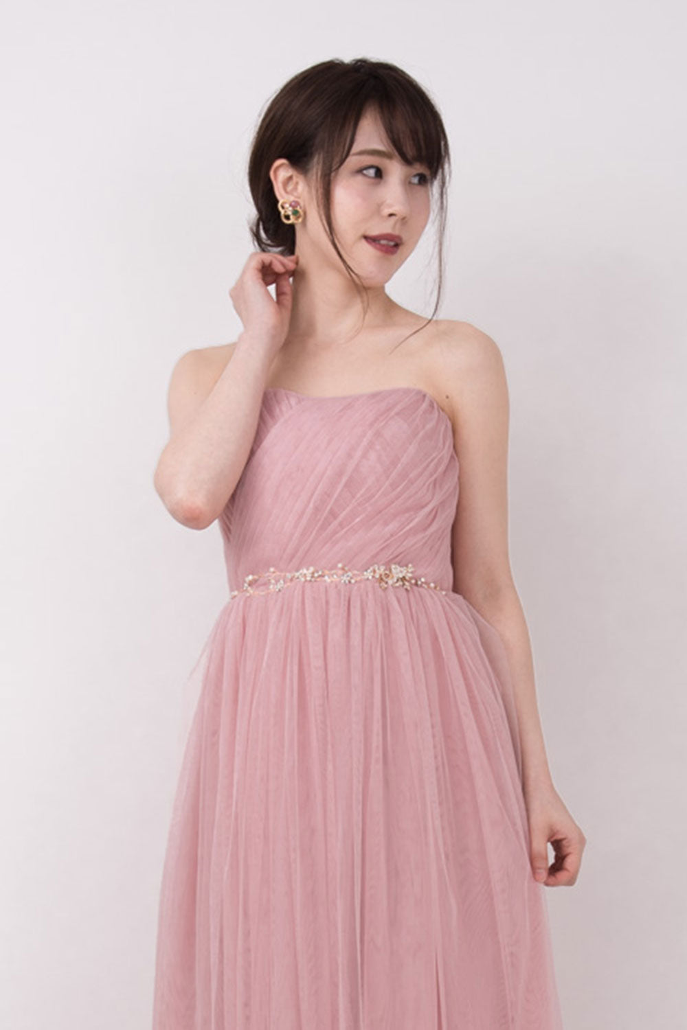 コンバーチブルロングドレス・チュールブラッシュピンク・フリーサイズ（ビジューベルト付き）