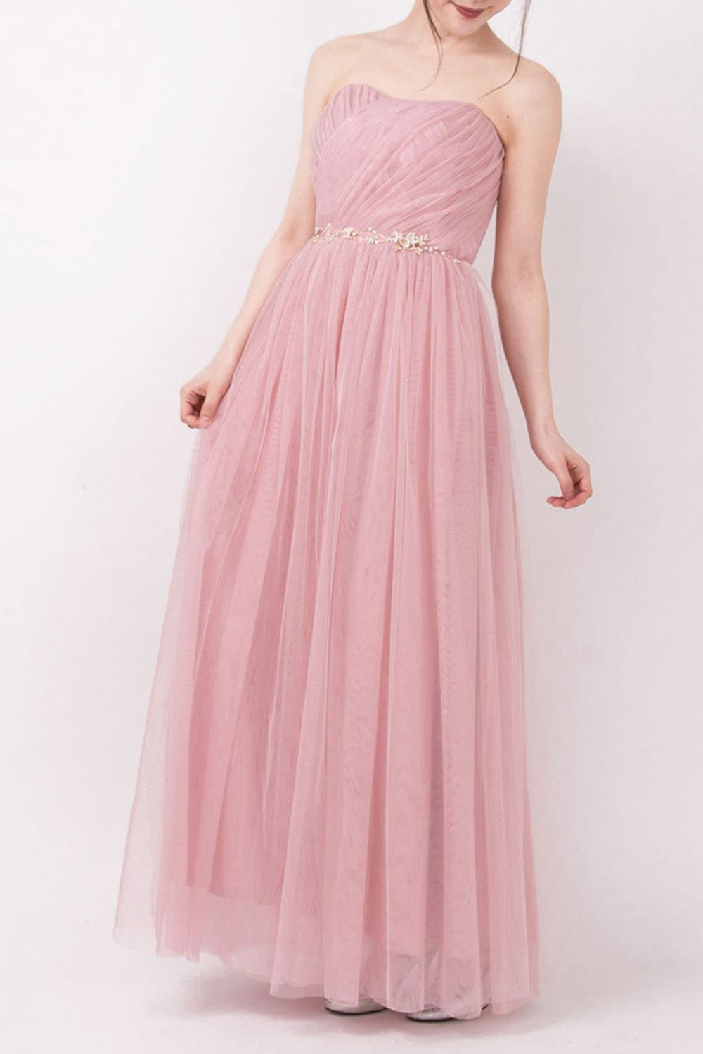 コンバーチブルロングドレス・チュールブラッシュピンク・フリーサイズ（ビジューベルト付き）