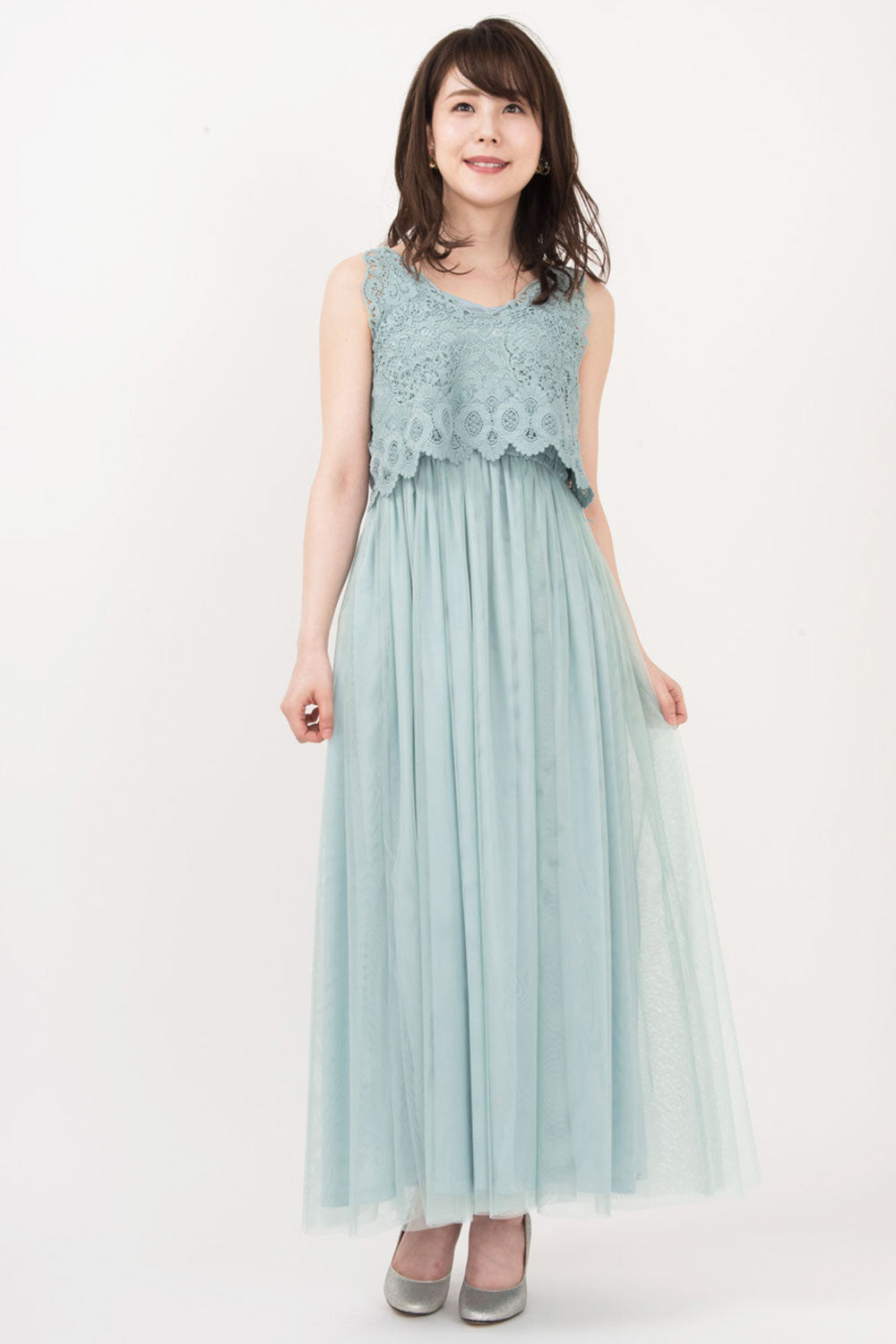 【ご試着送付】クロシェレーストップ・キャミロングドレス・グリーン・フリーサイズ