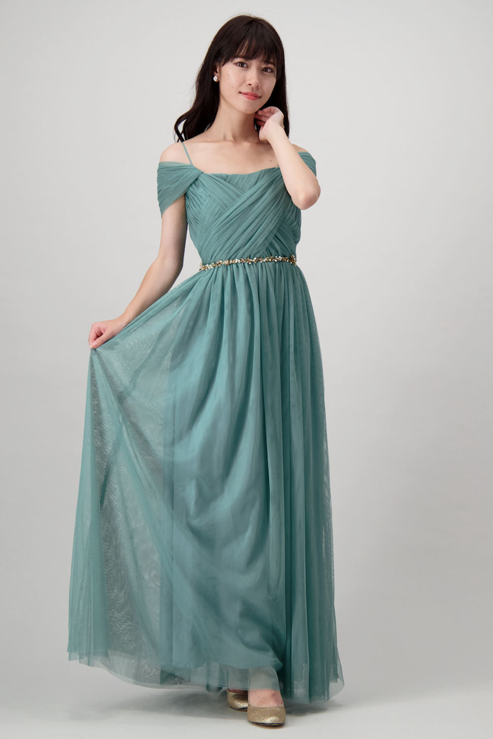 コンバーチブルロングドレス・チュールダークグリーン・フリーサイズ（ビジューベルト付き）