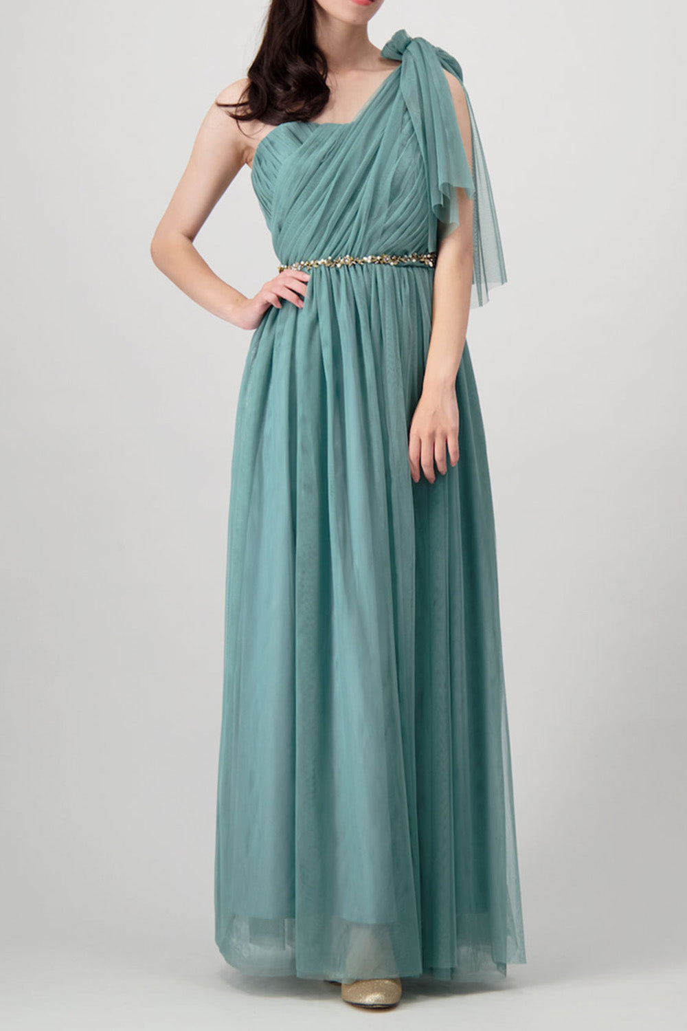 コンバーチブルロングドレス・チュールダークグリーン・フリーサイズ（ビジューベルト付き）