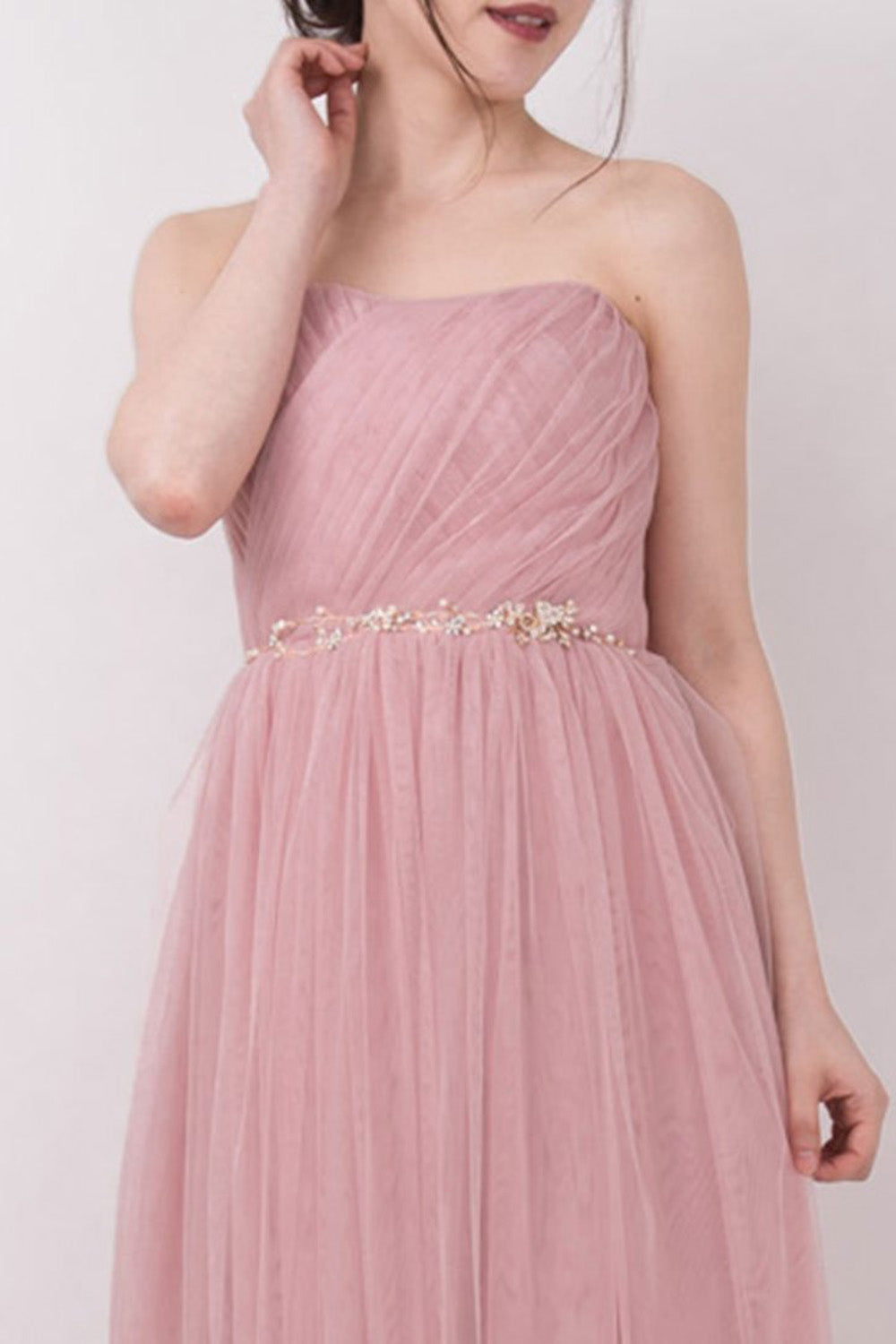 コンバーチブルロングドレスチュールブラッシュピンク・フリーサイズ（ビジューベルト付き）・丈詰めタイプ