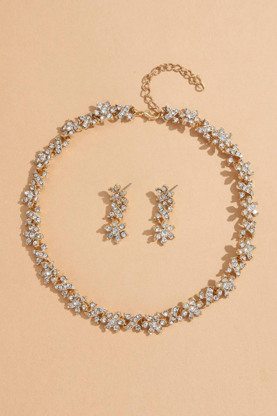 ラインストーンフラワーネックレスピアスセットゴールド