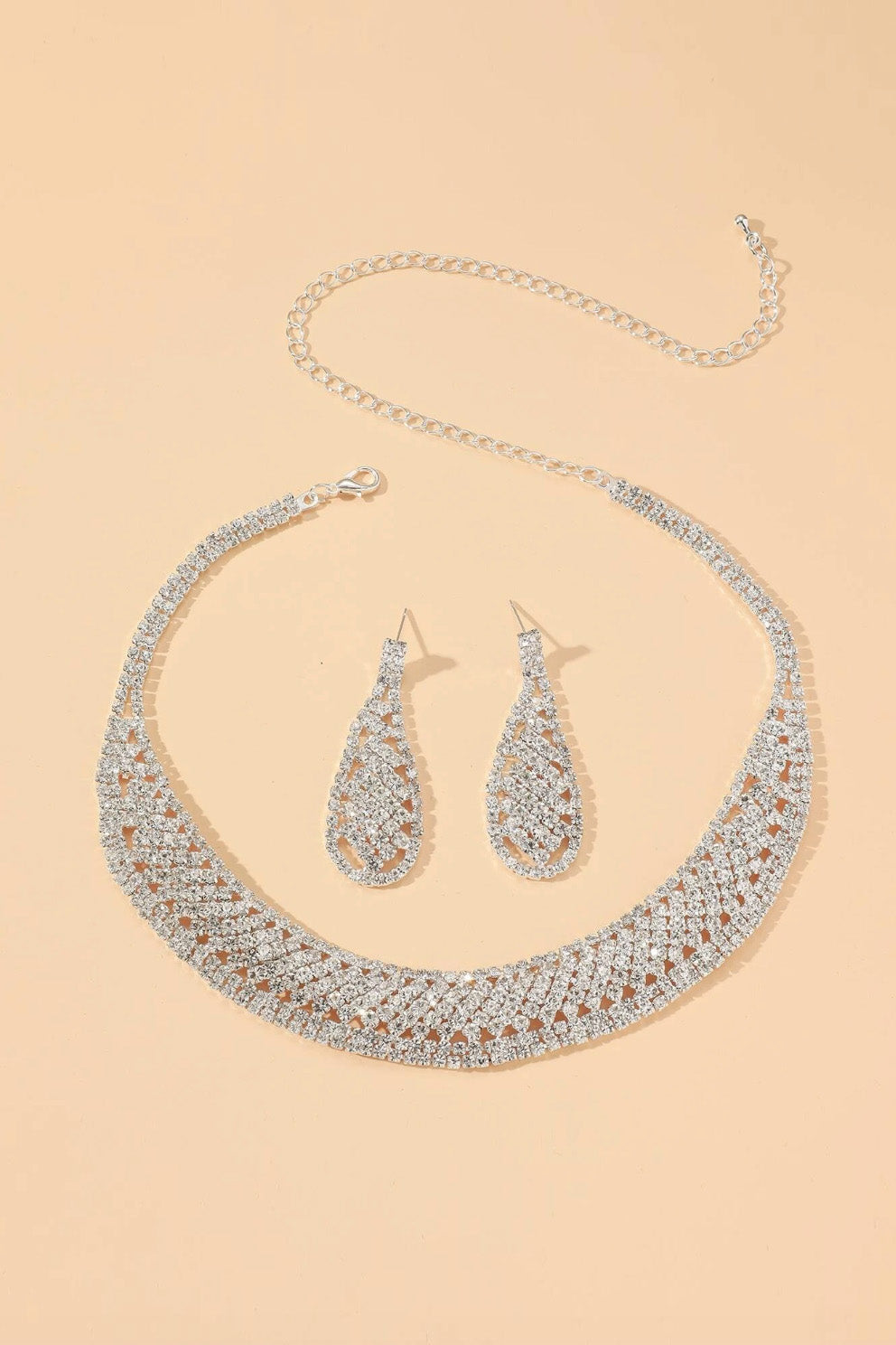 ラインストーンボリュームネックレスピアスセットシルバー