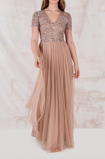 ビジューハーフスリーブVネックロングドレスブラウンMサイズ