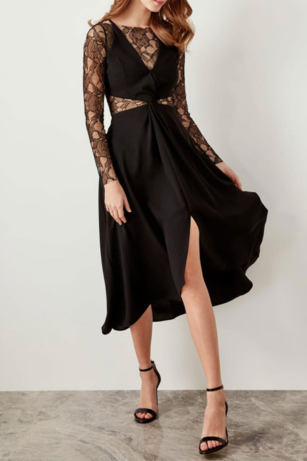 レースロングスリーブミディドレス・ブラック・Sサイズ