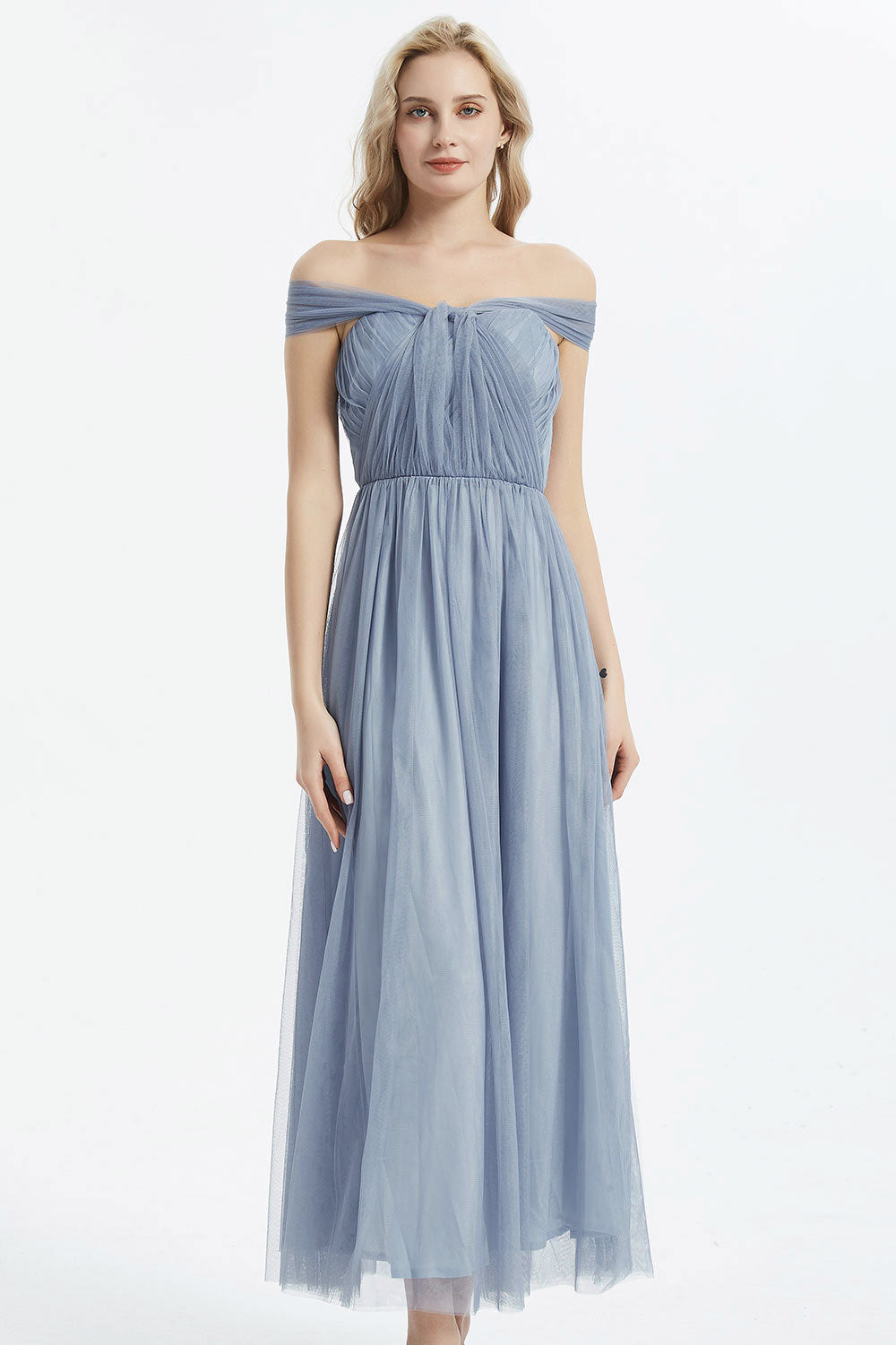 コンバーチブルロングドレス・チュールブルーグレー・フリーサイズ（ビジューベルト付き）・丈詰めタイプ