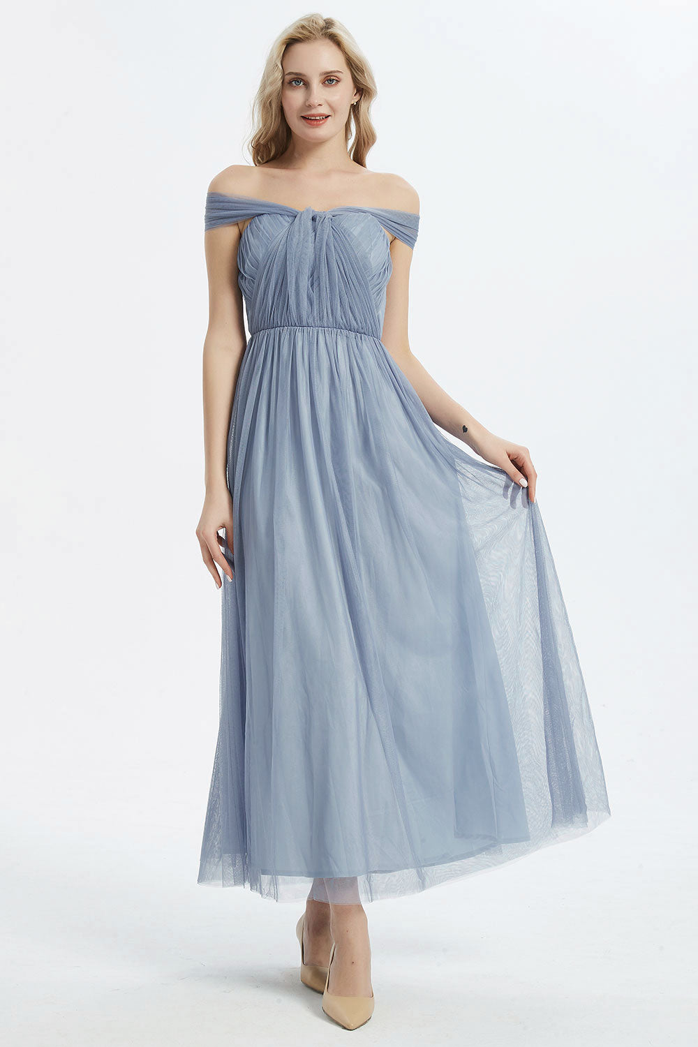 コンバーチブルロングドレス・チュールブルーグレー・フリーサイズ（ビジューベルト付き）・丈詰めタイプ