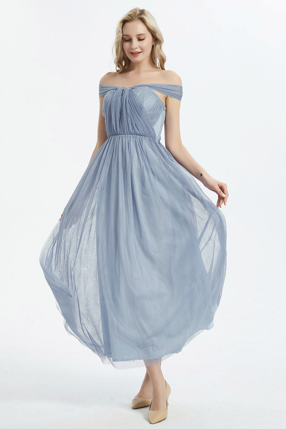 コンバーチブルロングドレス・チュールブルーグレー・フリーサイズ（ビジューベルト付き）・丈詰めタイプ