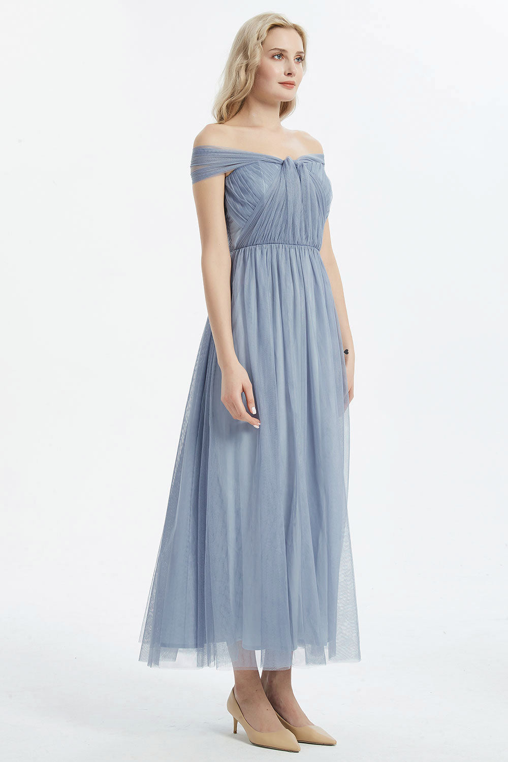 コンバーチブルロングドレス・チュールブルーグレー・フリーサイズ（ビジューベルト付き）・丈詰めタイプ