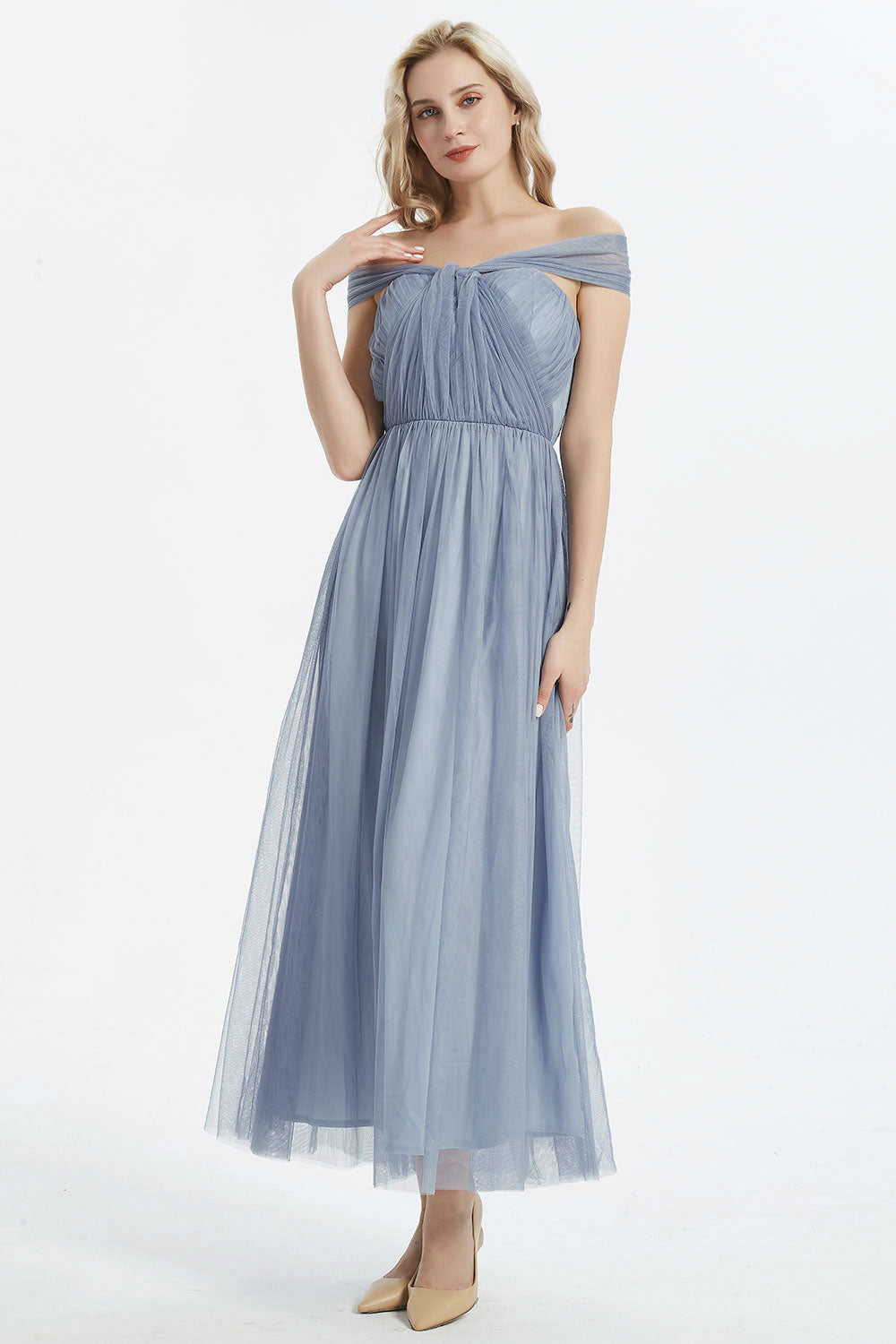 【ご試着送付】コンバーチブルロングドレス・チュールブルーグレー・フリーサイズ・丈詰めタイプ