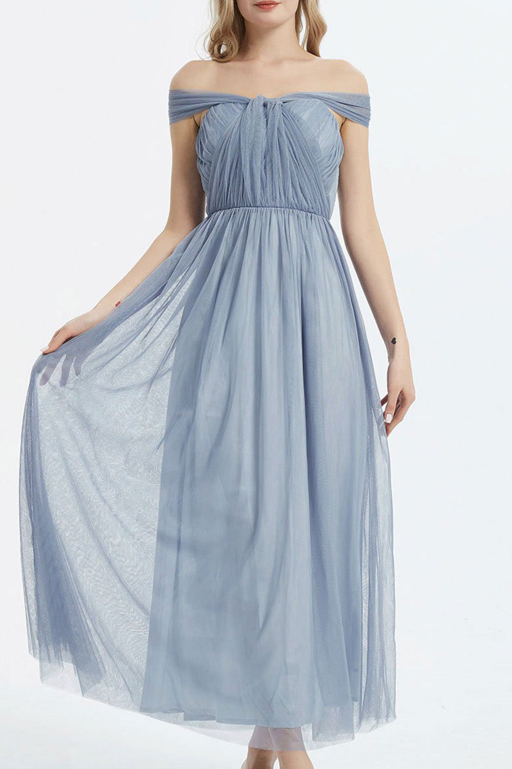 コンバーチブルロングドレス・チュールブルーグレー・フリーサイズ（ビジューベルト付き）・丈詰めタイプ