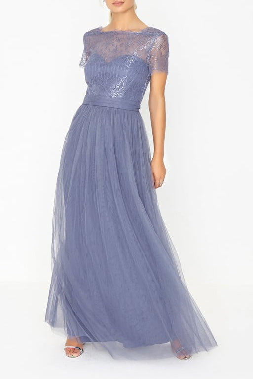 レースオーバーレイロングドレスブルーグレーMサイズ