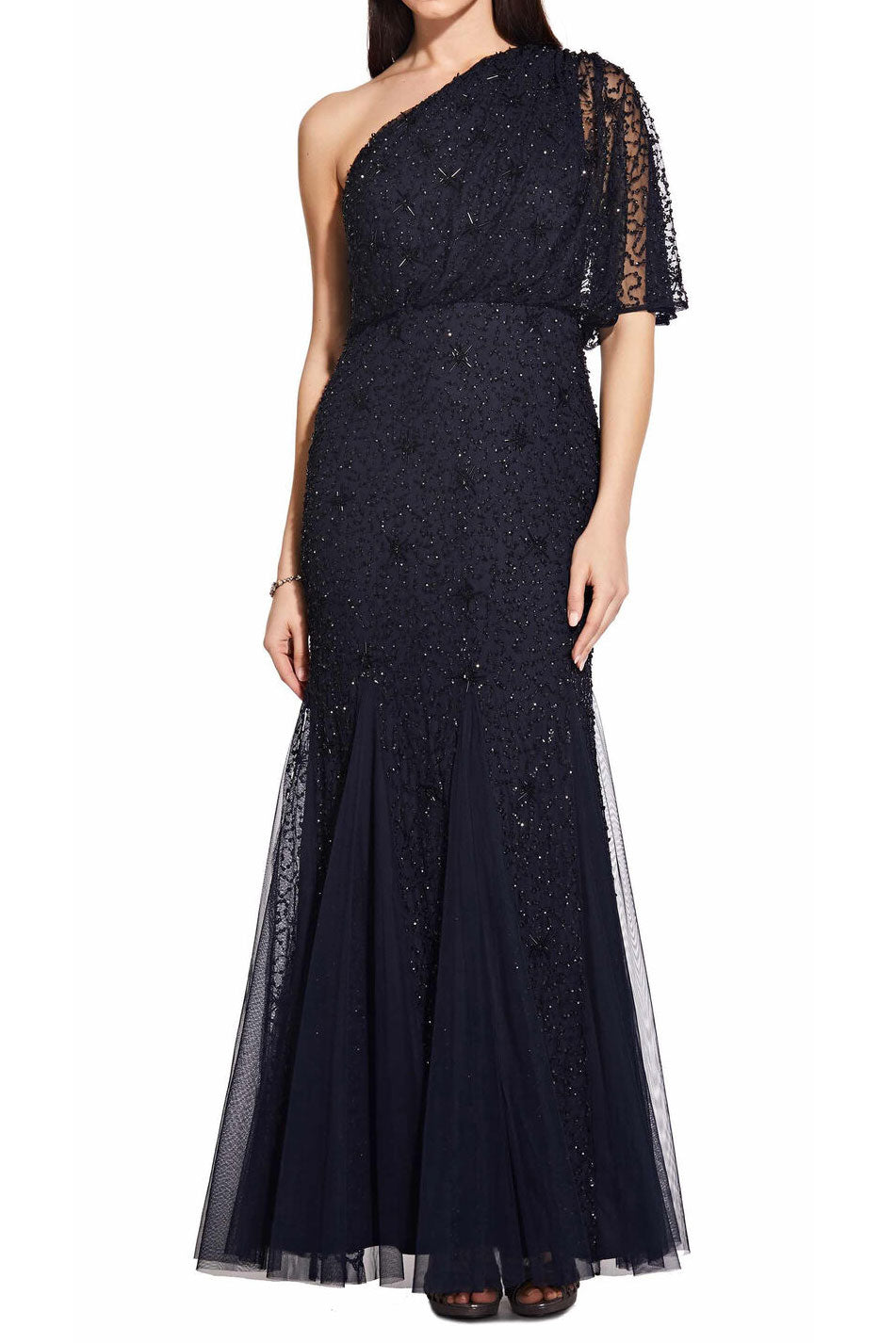 ビジューワンショルダーロングドレスネイビーSサイズ