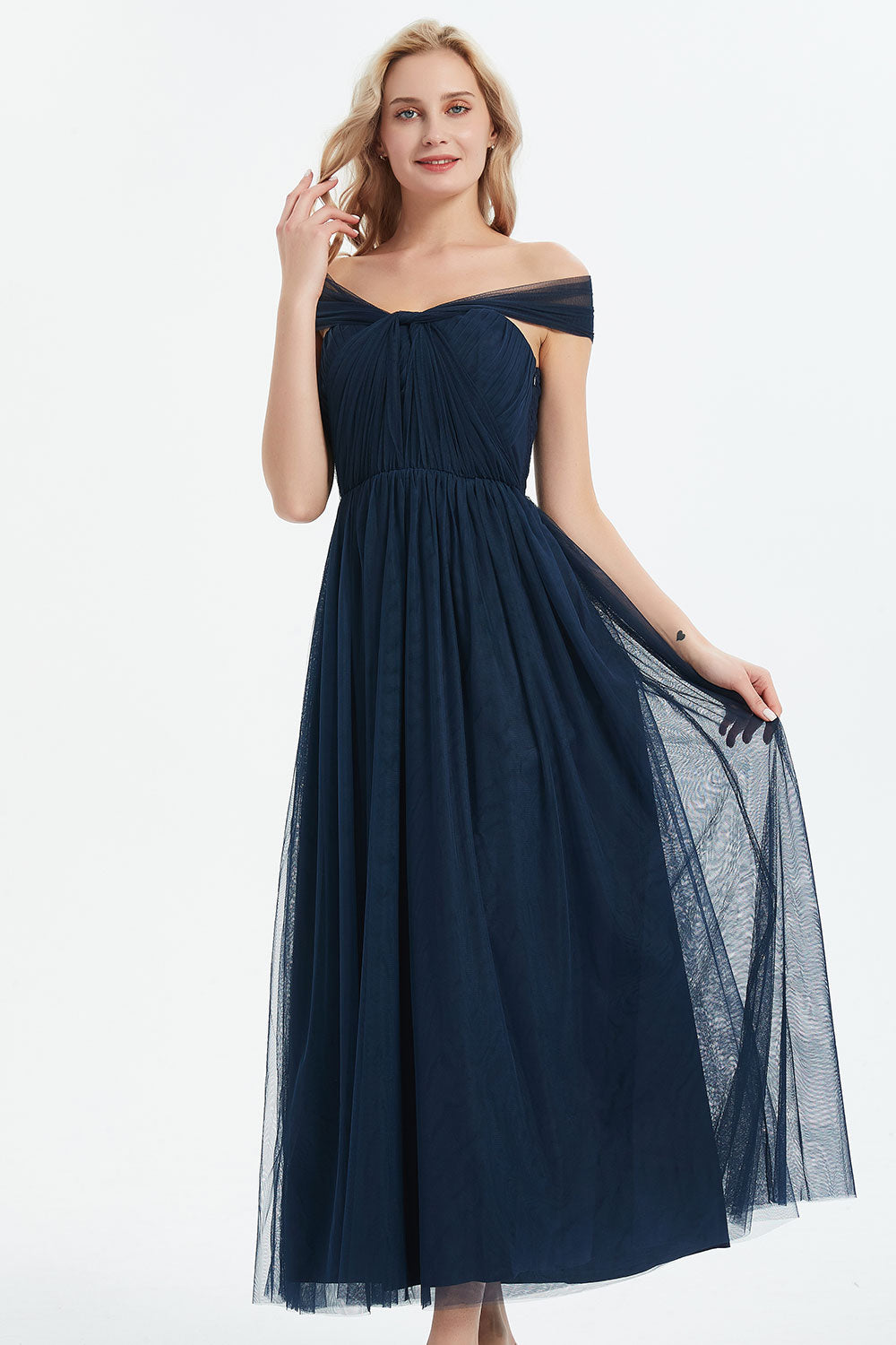 コンバーチブルロングドレス・チュールネイビー・フリーサイズ（ビジューベルト付き）