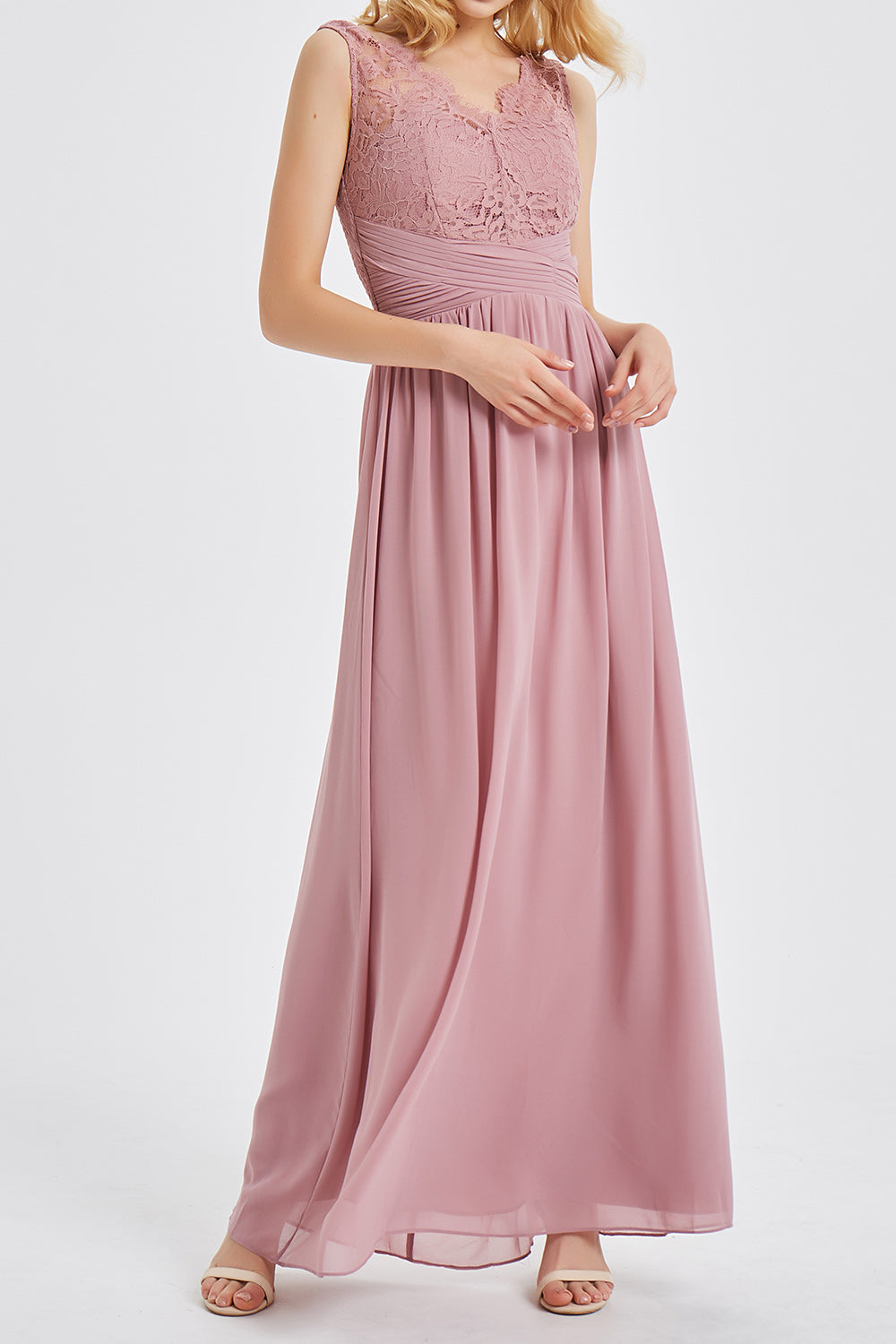 【ご試着送付】レースVネックシフォンロングドレス・ローズピンク・Sサイズ