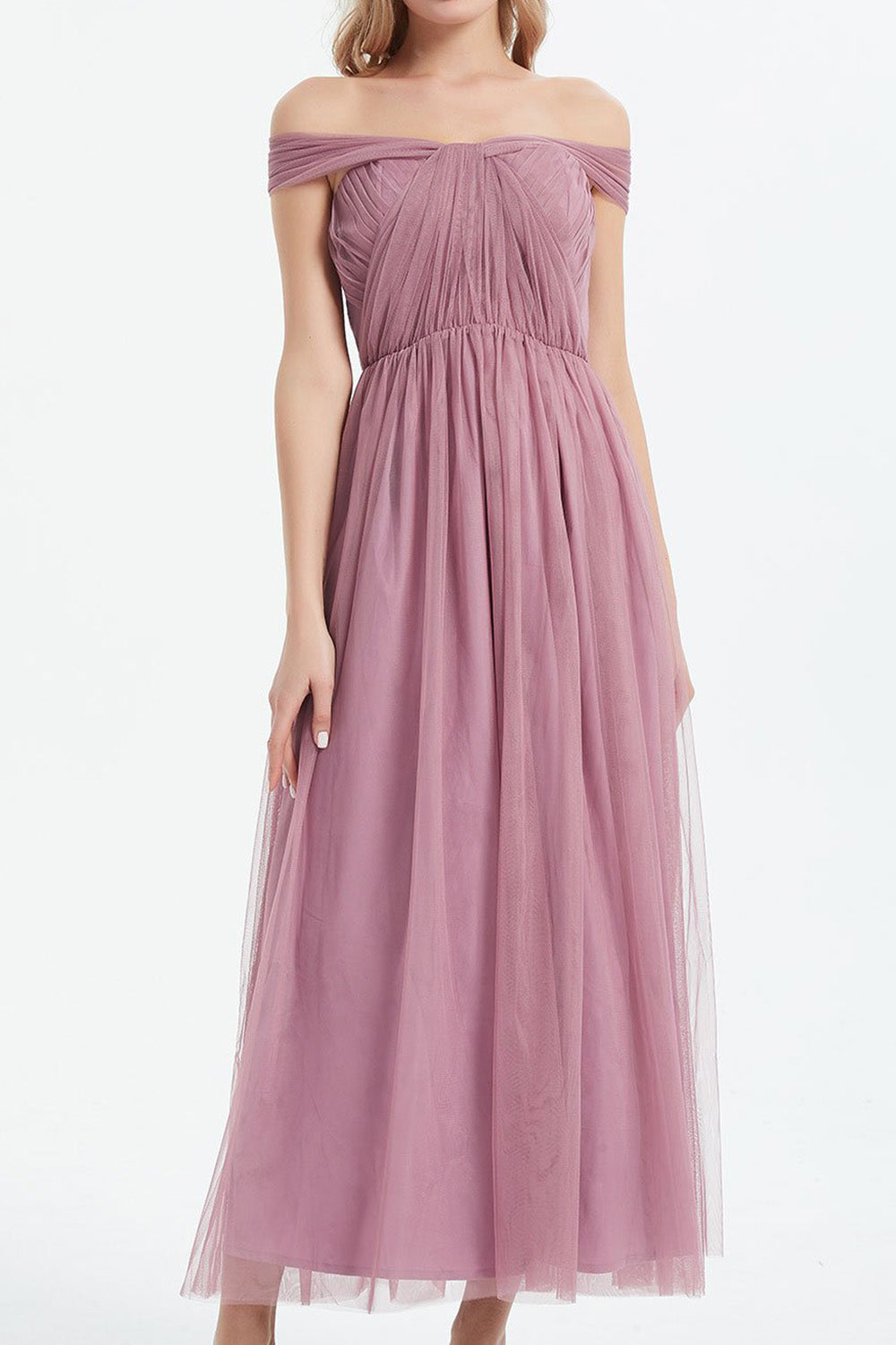 コンバーチブルロングドレス・チュールローズピンク・フリーサイズ（ビジューベルト付き）・丈詰めタイプ