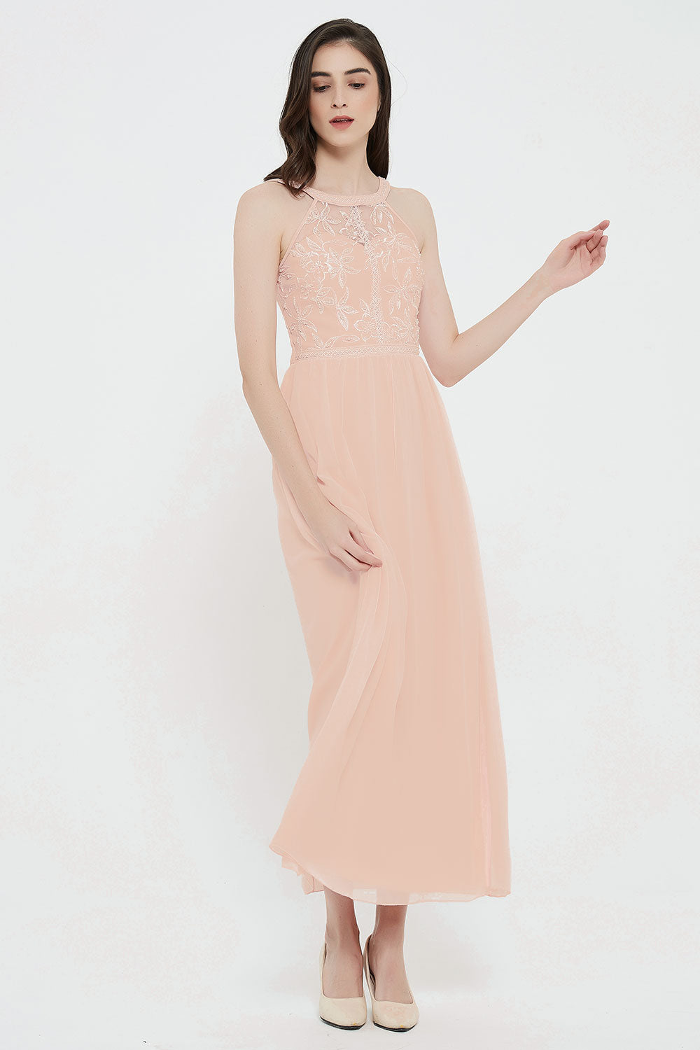 【ご試着送付】エンブロイダリーレースホルターロングドレスピンクフリーサイズ