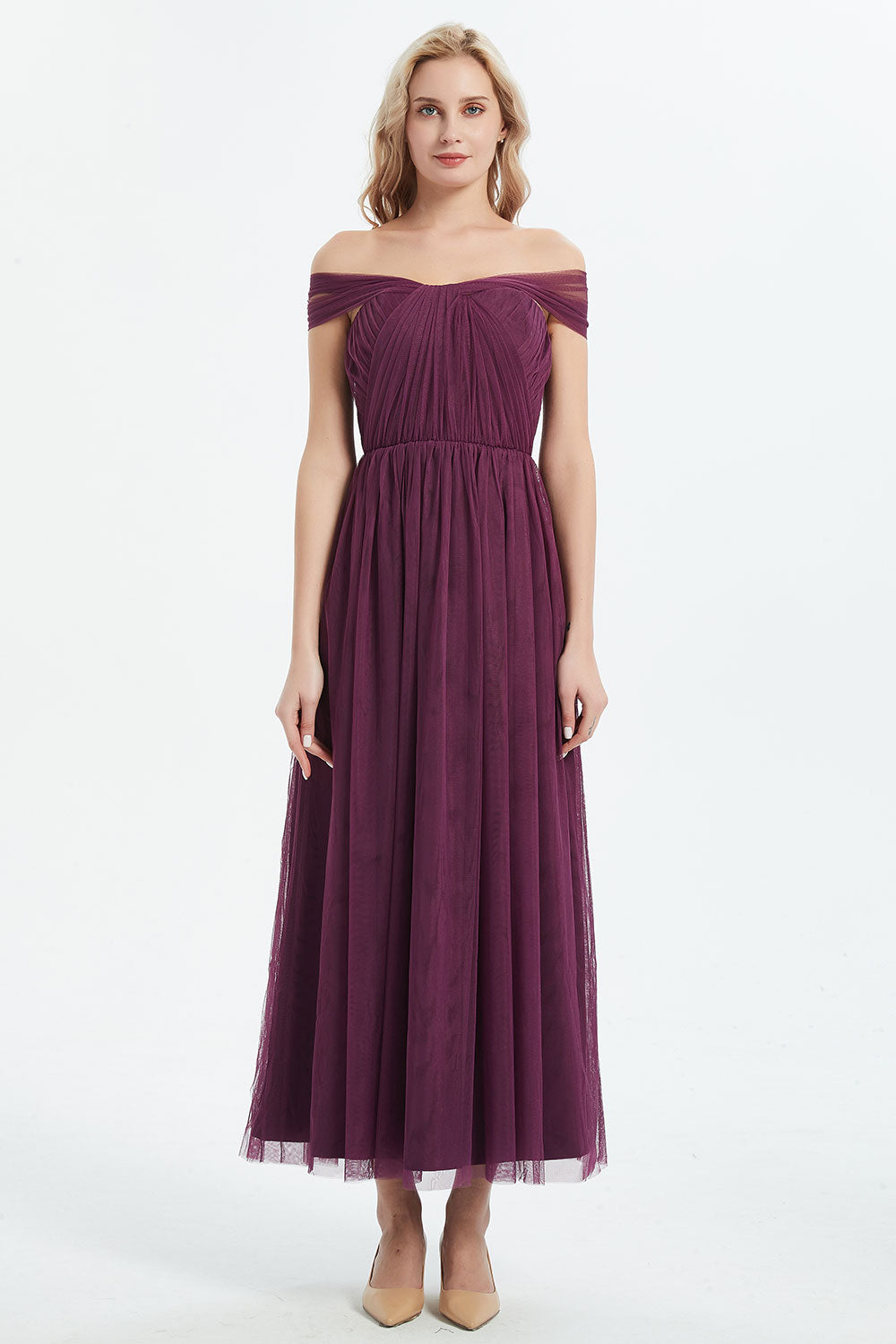 コンバーチブルロングドレス・チュールバーガンディ・フリーサイズ（ビジューベルト付き）