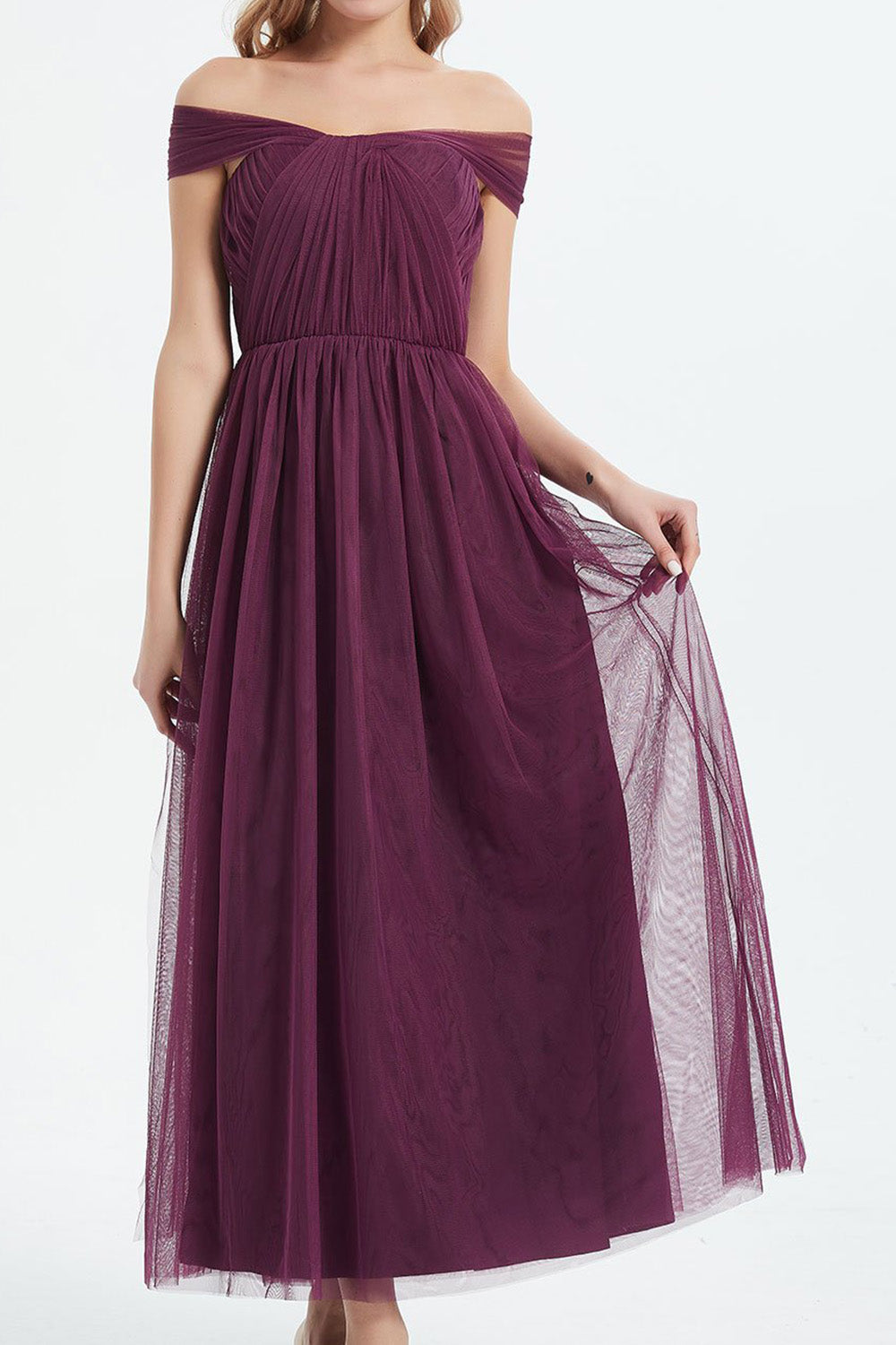 コンバーチブルロングドレス・チュールバーガンディ・フリーサイズ（ビジューベルト付き）・丈詰めタイプ